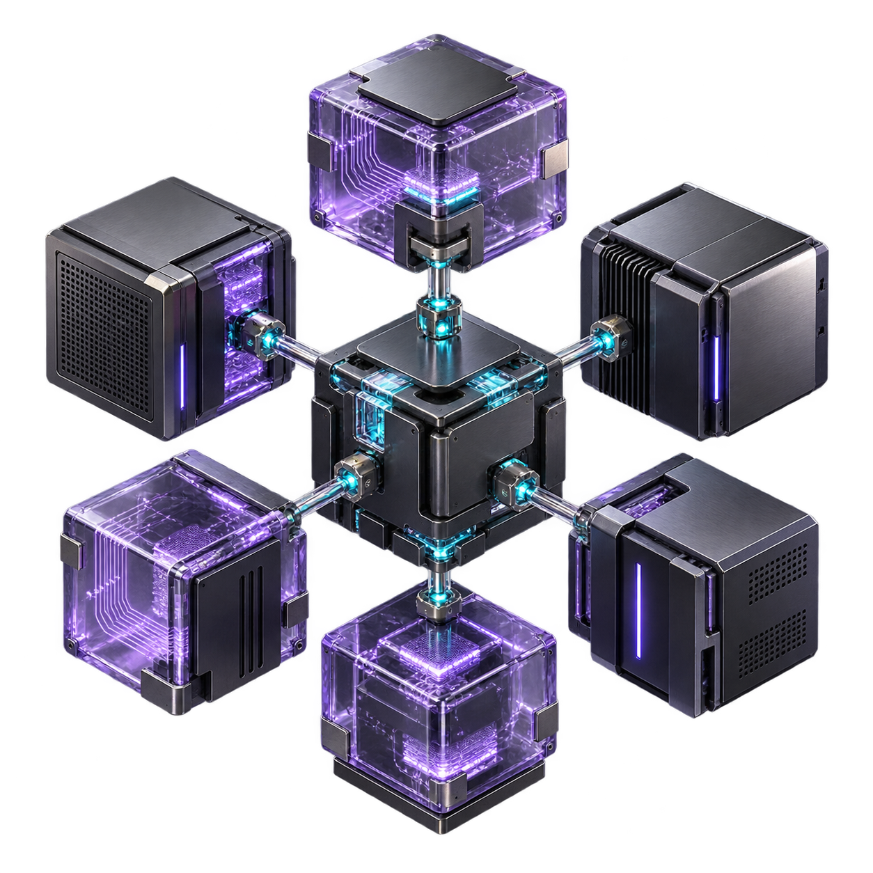 Estructura modular flotante de cubos de grafito y cristal violeta conectados por nodos luminosos.