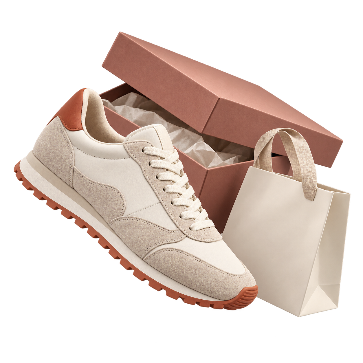 Zapatilla de tonos crema con una caja terracota y una bolsa de compra, en una composición flotante.