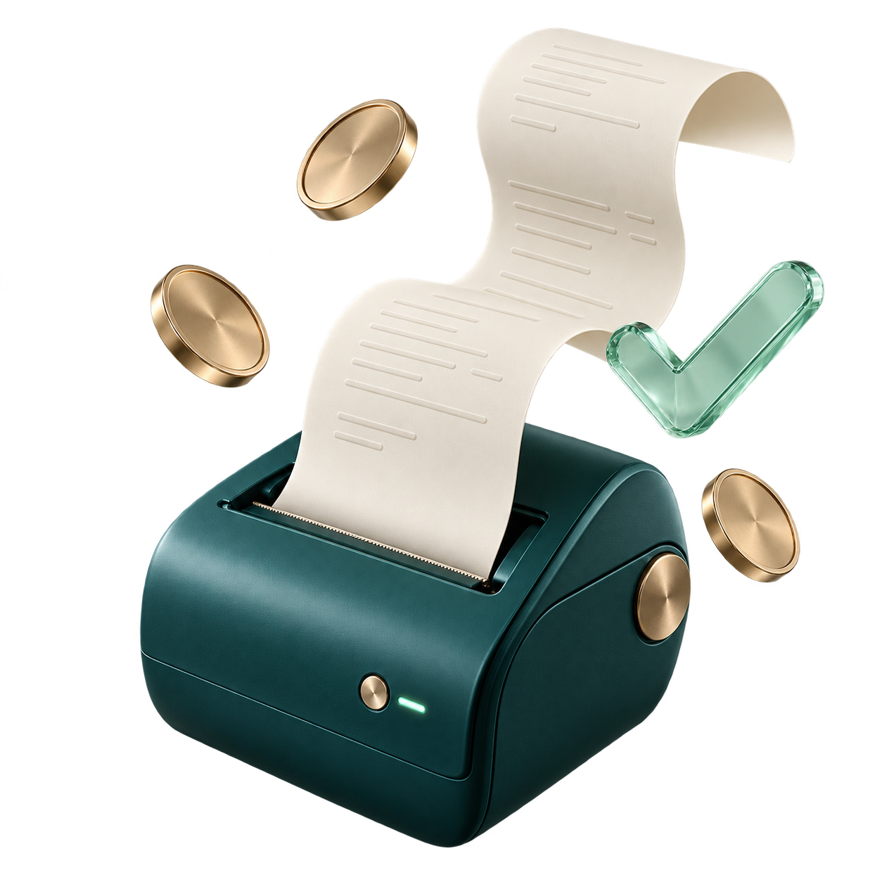 Impresora verde con un comprobante flotante, monedas doradas y una marca de verificación de cristal.