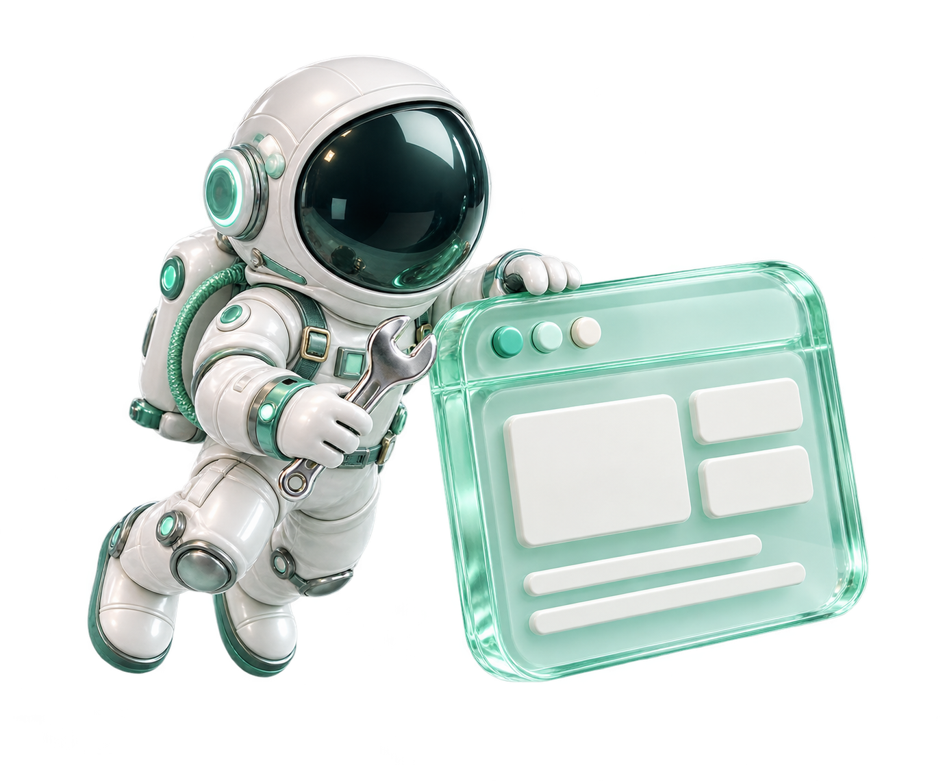 Astronauta de traje blanco con una llave de mantenimiento junto a una ventana web de cristal verde.