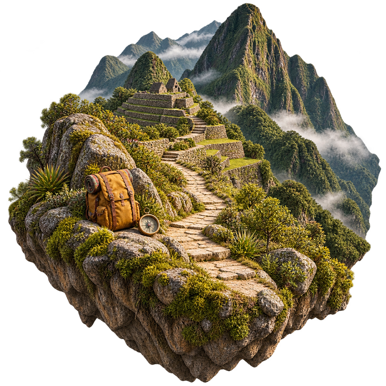 Isla flotante con montañas andinas, un sendero de piedra, una mochila y una brújula.